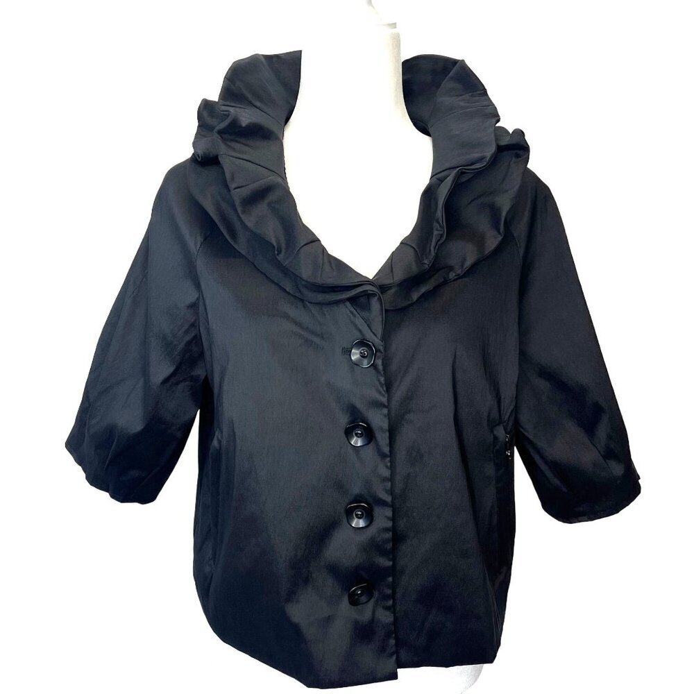 Samuel Dong Black Ruffled Collar Crop Jacket Ladies Size Large Chic Couture